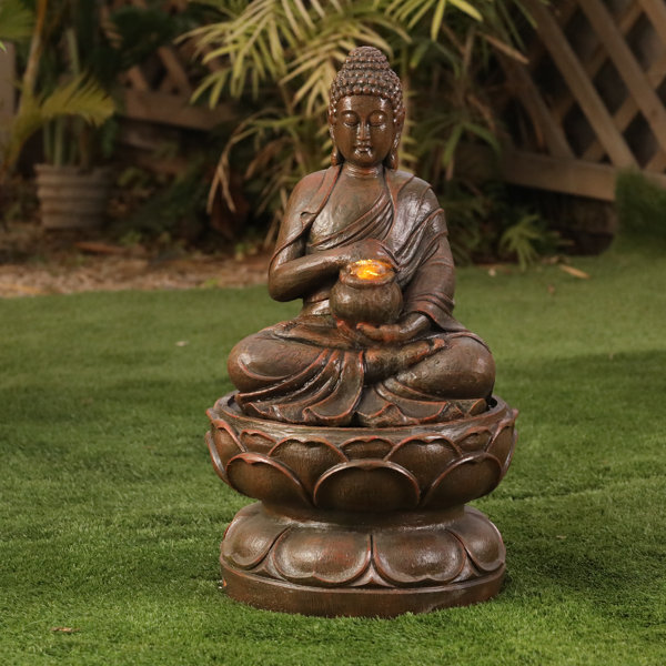 Luxen Home Resin Sitting Buddha on Pedestal Patio Solar Fountain with LED Light Wayfair